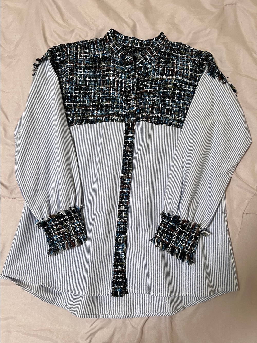 Zara Blue and White Pinstripe Button-Front Top with Multi-Color Tweed Yoke